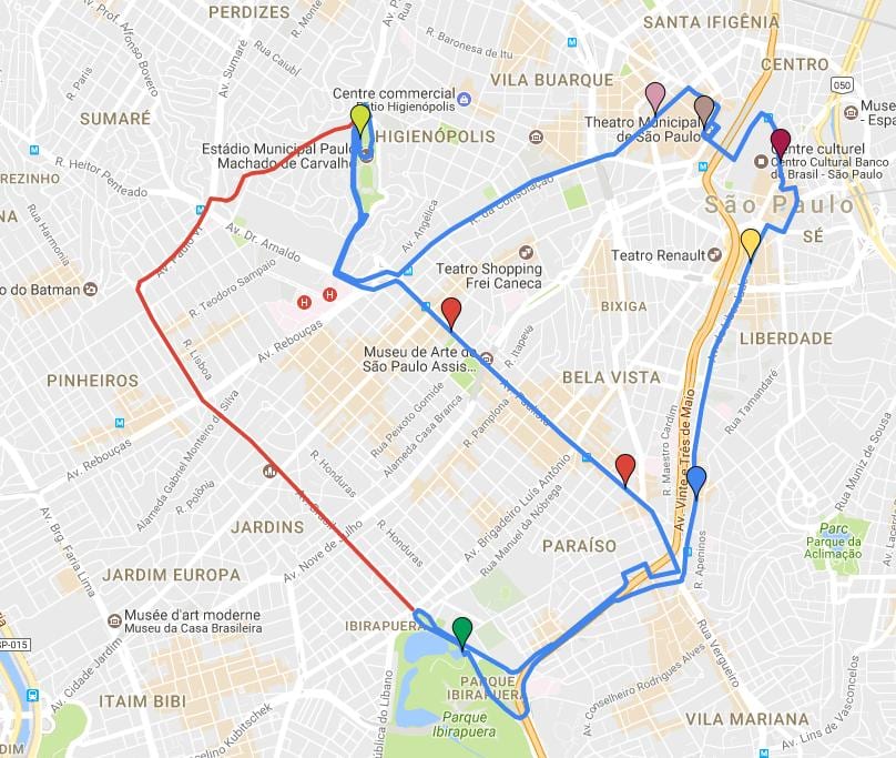 Karte apļveida turismo Sao Paulo - Līnijas