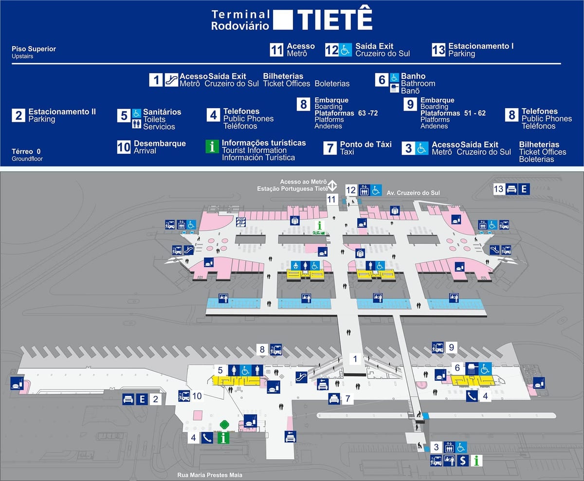 Karte, autobusu terminālu Tietê - augšējā stāvā